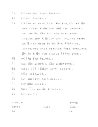 ば   と                                                つく
バト      「どうですか。かぞく                    みんなで 作ったんですよ。」
ゆ   み                    つく
由美      「どうやって 作るんですか。」
ば   と    あ い ら ぐ         うま                         つく             わたし     いえ                    にち         かい   うま
バト      「アイラグは 馬の ちちから 作ります。 私 の 家では、１日に                                                                  ６回 馬の
                                      あさ        じ                    じかん
         ちちを しぼります。朝、10時ごろから ２時間 おきに しぼるんですよ。
                           まえ         こうま
         まず、しぼる 前に                    子馬が すこし ちちを                          のみます。それから
                                        よる      かわ
         しぼるんです。それを 夜、皮ぶくろの なかに いれて、ぼうで                                                                   かきまわし
               かわ                                   まえ         ひ     つく             あ   い   ら   ぐ
         ます。皮ぶくろの                  なかには 前の                     日に 作った アイラグが                            すこし
                                                                                こ
         あるんです。かぞく                     みんなで              かきまわします。子どもも                                 でつだうんですよ。
         つぎ    ひ         あさ     うま                                         あ   い    ら   ぐ
         次の 日の           朝、馬の              ちちは           はっこうして アイラグに なります。」
だいすけ     あ い ら ぐ         なつ           つく
大介      「アイラグは 夏だけ 作るんですか。」
ば   と              がつ                                     がつ
バト      「ええ、６月の               なかばごろから ９月の                          なかばごろまでです。」
ゆ   み                   こ ん さ        と かいじょう
由美      「ここから コンサート 会 場 まで どのぐらい かかりますか。」
ば   と    ば す             ぶん
バト      「バスで ２０文ぐらいです。」
だいすけ                じ         ぶん                          い
大介      「もう、５時２０文です。そろそろ 行きましょう。」
ば   と          じかん
バト      「まだ、時間が               ありますよ。」
ゆ   み              おこな                     せき
由美      「はやく        行 って いい 席に                       すわりましょう。」
だいすけ
大介      「そうしましょう。」



おじゃまします                                                                                         орлоо шүү

ふたりとも                                        二人とも                                               хоѐулаа

ゲル                                                                                              гэр
 