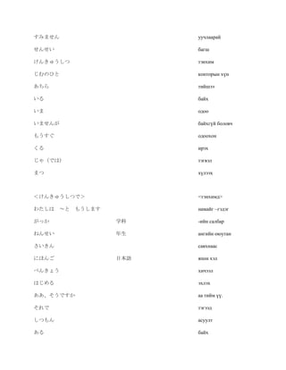 すみません                 уучлаарай

せんせい                  багш

けんきゅうしつ               тэнхим

じむのひと                 конторын хүн

あちら                   тийшээ

いる                    байх

いま                    одоо

いませんが                 байхгүй боловч

もうすぐ                  одоохон

くる                    ирэх

じゃ（では）                тэгвэл

まつ                    хүлээх



＜けんきゅうしつで＞            <тэнхимд>

わたしは ～と もうします         намайг –гэдэг

がっか             学科    -ийн салбар

ねんせい            年生    ангийн оюутан

さいきん                  саяхнаас

にほんご            日本語   япон хэл

べんきょう                 хичээл

はじめる                  эхлэх

ああ、そうですか              аа тийм үү.

それで                   тэгээд

しつもん                  асуулт

ある                    байх
 