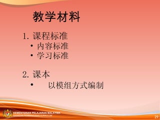课程标准 内容标准  学习标准 课本  以模组方式编制 教学材料 