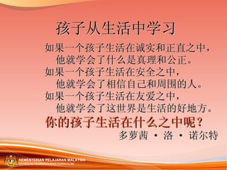 孩子从生活中学习 如果一个孩子生活在诚实和正直之中， 他就学会了什么是真理和公正。 如果一个孩子生活在安全之中， 他就学会了相信自己和周围的人。 如果一个孩子生活在友爱之中， 他就学会了这世界是生活的好地方。 你的孩子生活在什么之中呢？ 多萝茜 · 洛 · 诺尔特 