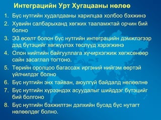 Интеграцийн Урт Хугацааны нөлөө
1. Бүс нутгийн худалдааны харилцаа холбоо бэхжинэ
2. Хувийн салбарыханд хөгжих тааламжтай орчин бий
   болно
3. ЭЗ өсөлт болон бүс нутгийн интеграцийн дэмжлэгээр
   дэд бүтэцийг хөгжүүлэх төслүүд хэрэгжинэ
4. Олон нийтийн байгууллага хүчирхэгжиж хөгжсөнөөр
   сайн засаглал тогтоно.
5. Төрийн оролцоо багассаж иргэний нийгэм өөртэй
   үйлчилдэг болно
6. Бүс нутгийн энх тайван, аюулгүй байдалд нөлөөлнө
7. Бүс нутгийн хүрээндэх асуудалыг шийддэг бүтэцийг
   бий болгоно
8. Бүс нутгийн бэхжилтэн дэлхийн бусад бүс нутагт
   нөлөөлдөг болно.
 