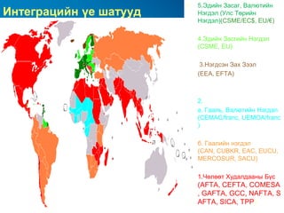 •   5.Эдийн Засаг, Валютийн
Интеграцийн үе шатууд       Нэгдэл (Улс Төрийн
                            Нэгдэл)(CSME/EC$, EU/€)

                        •   4.Эдийн Засгийн Нэгдэл
                            (CSME, EU)

                        •    3.Нэгдсэн Зах Зээл
                        •   (EEA, EFTA)



                        •   2.
                        •   а. Гааль, Валютийн Нэгдэл
                            (CEMAC/franc, UEMOA/franc
                            )

                        •   б. Гаалийн нэгдэл
                            (CAN, CUBKR, EAC, EUCU,
                            MERCOSUR, SACU)

                        •   1.Чөлөөт Худалдааны Бүс
                            (AFTA, CEFTA, COMESA
                            , GAFTA, GCC, NAFTA, S
                            AFTA, SICA, TPP)
 