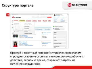 Структура портала




    Простой и понятный интерфейс управления порталом
    упрощает освоение системы, снижает долю ошибочных
    действий, экономит время, сокращает затраты на
    обучение сотрудников.
 