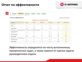 Отчет по эффективности




    Эффективность определятся по числу выполненных,
    просроченных задач, а также зависит от оценки задачи
    руководителем отдела.
 