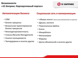 Возможности
«1С-Битрикс: Корпоративный портал»

Автоматизация бизнеса              Социальная сеть и коммуникации

  • CRM                            •   «Живая лента» (лента всех обновлений на портале)
  • Бизнес-процессы                •   Друзья, коллеги
  • Визуальное проектирование      •   Персональные файлы
    бизнес-процессов               •   Блоги
  • Многодепартаментность          •   Микроблоги
  • Списки (Records Management)    •   Фотогалереи
  • Анализ посещаемости            •   Форумы
  • Техподдержка и многое другое   •   Доска объявлений и многое другое
 