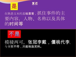 在熟悉文本的基础喜爱，抓住事件的主
要内容，人物、名称以及具体
的时间等


模棱两可，张冠李戴，僵桃代李，
与事实不符，只能制造笑料。

                马来西亚教育部
                  课程収展司
 