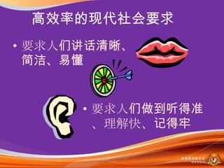 高效率的现代社会要求
• 要求人们讲话清晰、
  简洁、易懂


      • 要求人们做到听得准
        、理解快、记得牢

              马来西亚教育部
                课程収展司
 