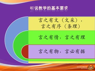 言之有文（文采），
言之有序（条理）

言之有情，言之有理

言之有物，言必有据

       马来西亚教育部
         课程収展司
 