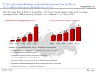 5. Прогнозы, тренды, барьеры развития мобильного интернета в России
5.2. Рост трафика передачи данных и рынка мобильного контента


По прогнозам J’son & Partners Consulting, к 2013 году общий трафик мобильной передачи
данных составит 104 ПБ, рынок мобильного контента вырастет до 3,1 млрд USD


  Трафик мобильной передачи данных, ПБ                             Рынок мобильного контента, млрд USD

                                            104                                                            3,1
                                                                                                  2,6
                                                                                         1,8
                                     48                                          1,4
                                                                     1,1
                             25
                   10
             5


       2009A     2010A   2011E    2012F   2013F                    2009A   2010A       2011E   2012F    2013F

       Драйверы роста трафика передачи данных и рынка мобильного контента:

       •   снижения стоимости 1 МБ трафика, в том числе и за счет роста продаж
           безлимитных тарифов передачи данных

       •   развития покрытия и качества операторских 3G-сетей,
           увеличение скорости мобильно интернета

       •   увеличения общего числа пользователей, и снижение цены смартфонов

       •   увеличение продаж контента в магазинах приложений мобильных эко-систем

       •   конвергенция мобильного и интернет-пространств

                                                              40
 