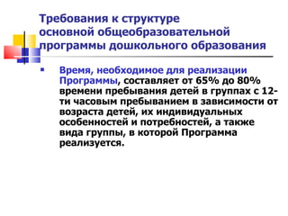 Требования к структуре  основной общеобразовательной программы дошкольного образования Время, необходимое для реализации Программы , составляет от 65% до 80% времени пребывания детей в группах с 12-ти часовым пребыванием в зависимости от возраста детей, их индивидуальных особенностей и потребностей, а также вида группы, в которой Программа реализуется.  