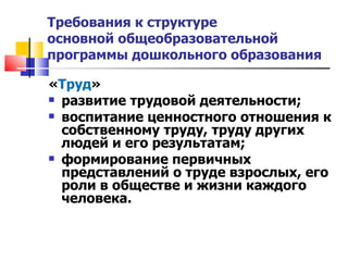 Требования к структуре  основной общеобразовательной программы дошкольного образования « Труд »   развитие трудовой деятельности; воспитание ценностного отношения к собственному труду, труду других людей и его результатам; формирование первичных представлений о труде взрослых, его роли в обществе и жизни каждого человека. 