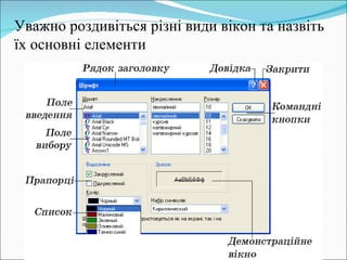 Уважно роздивіться різні види вікон та назвіть їх основні елементи 
