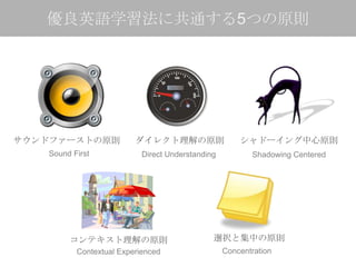 優良英語学習法に共通する5つの原則




サウンドファーストの原則              ダイレクト理解の原則                   シャドーイング中心原則
    Sound First             Direct Understanding          Shadowing Centered




         コンテキスト理解の原則                           選択と集中の原則
           Contextual Experienced                  Concentration
 