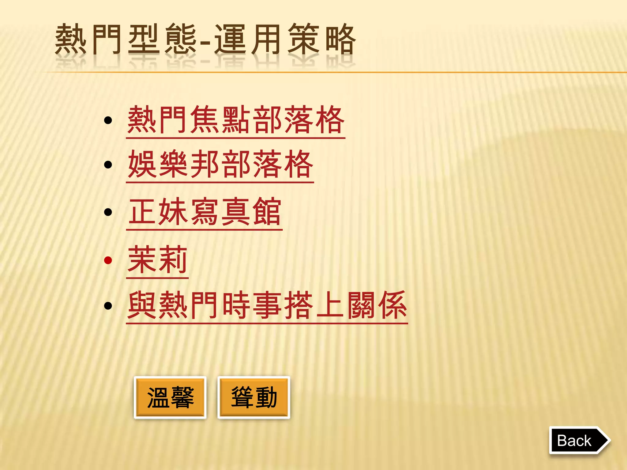 熱門型態-運用策略

 • 熱門焦點部落格
 • 娛樂邦部落格
 • 正妹寫真館
 • 茉莉
 • 與熱門時事搭上關係

  溫馨   聳動
               Back
 