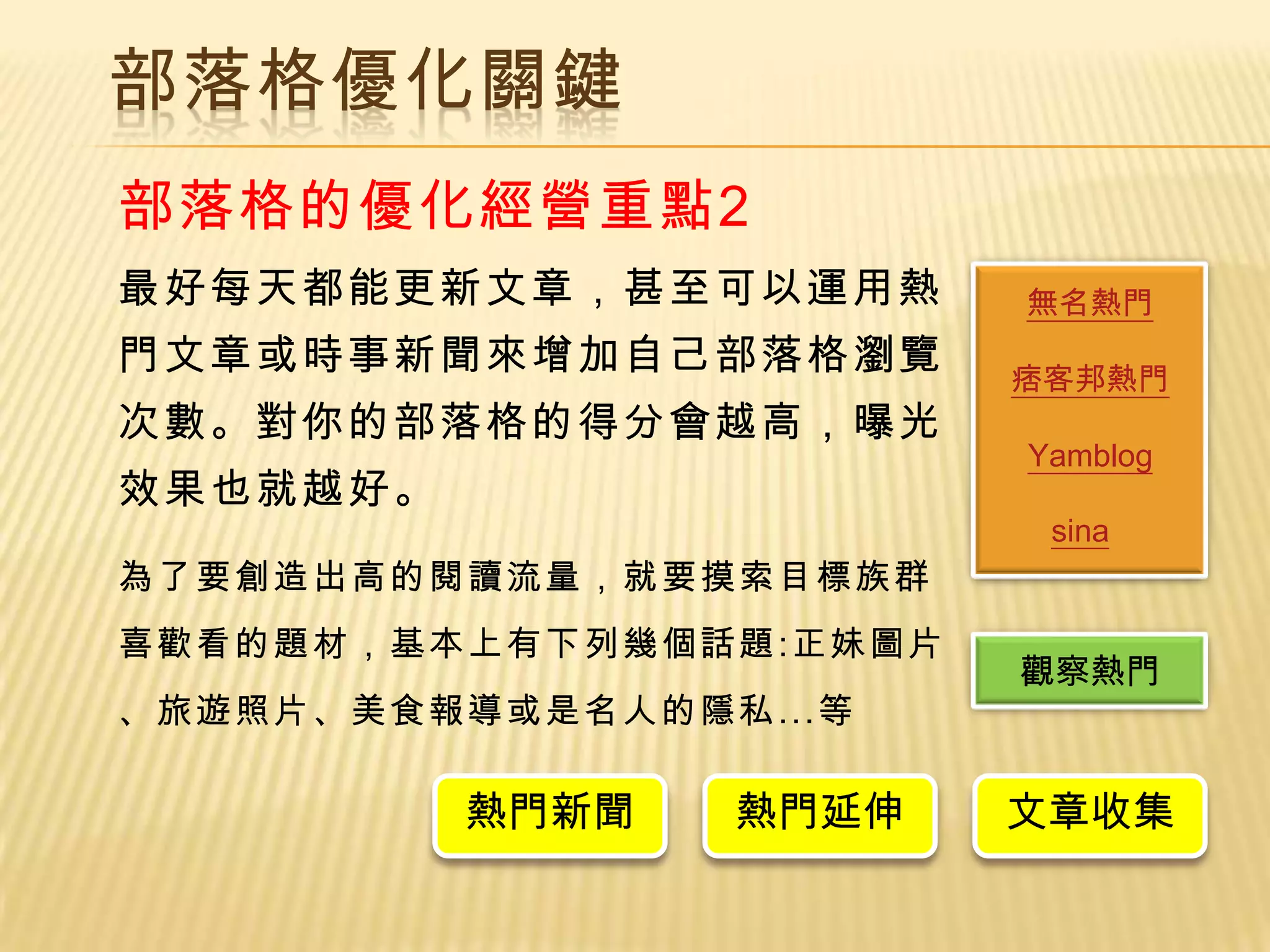 部落格優化關鍵
部落格的優化經營重點2
最好每天都能更新文章，甚至可以運用熱                 無名熱門
門文章或時事新聞來增加自己部落格瀏覽                 痞客邦熱門
次數。對你的部落格的得分會越高，曝光
                                   Yamblog
效果也就越好。
                                    sina
為 了 要 創 造 出高的 閱讀流 量，就 要摸索 目標族 群
喜 歡 看 的 題 材，基 本上有 下列幾 個話題 :正 妹圖片
                                   觀察熱門
、旅遊照片、美食報導或是名人的隱私 ...等

             熱門新聞      熱門延伸        文章收集
 