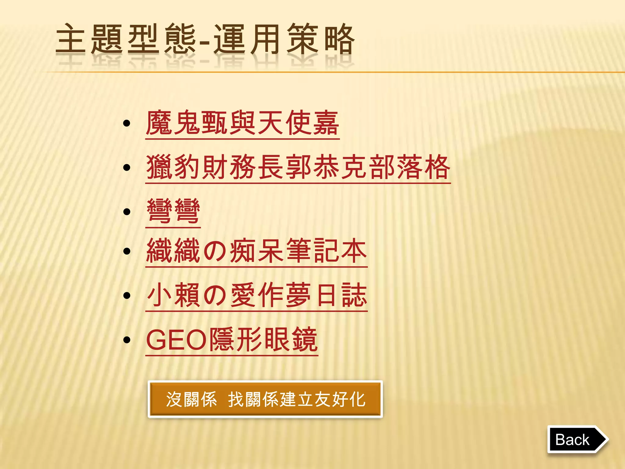 主題型態-運用策略

  • 魔鬼甄與天使嘉
  • 獵豹財務長郭恭克部落格
  • 彎彎
  • 織織の痴呆筆記本
  • 小賴の愛作夢日誌
  • GEO隱形眼鏡

   沒關係 找關係建立友好化

                  Back
 