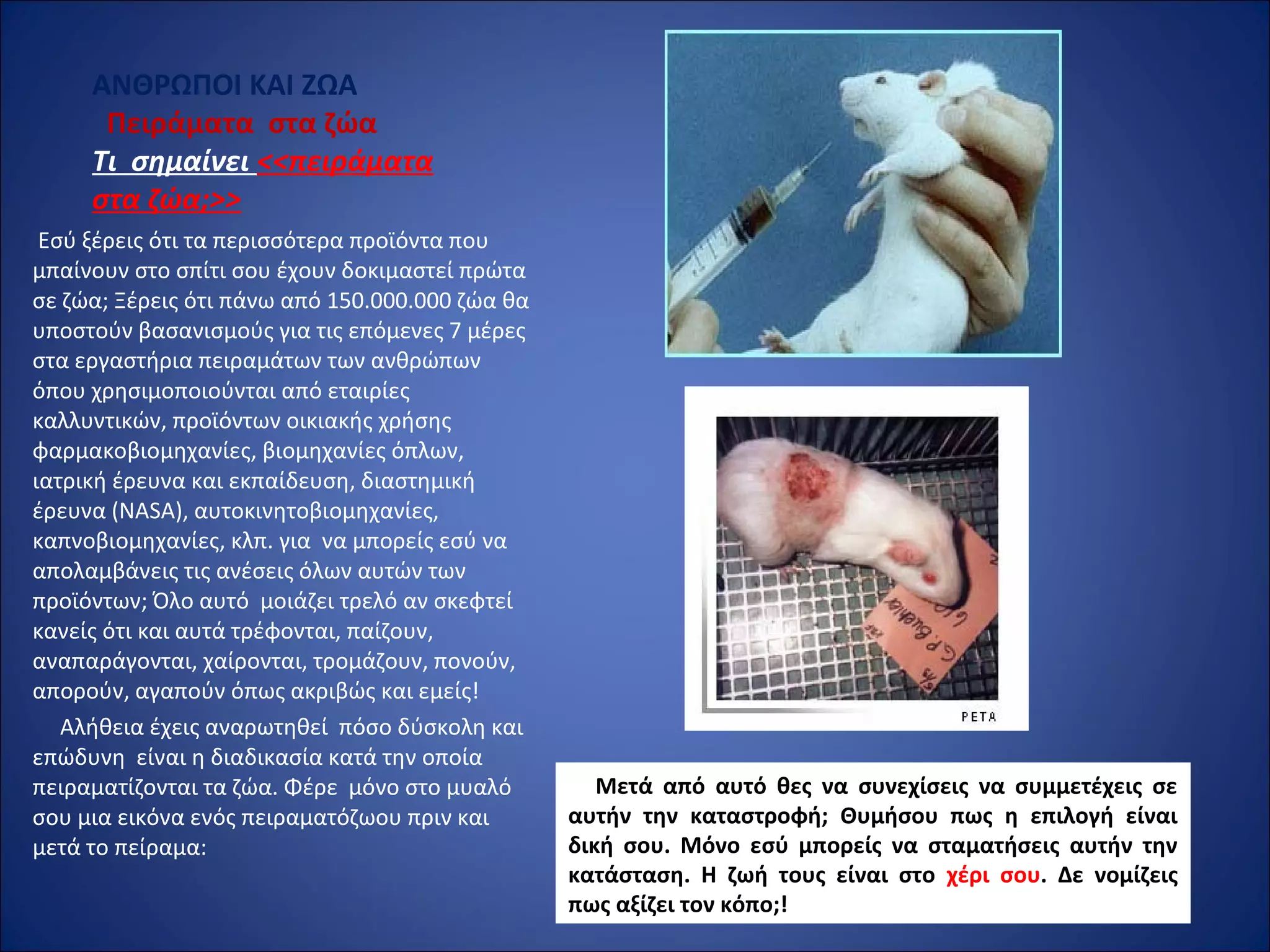 ΑΝΘΡΩΠΟΙ ΚΑΙ ΖΩΑ
Πειράματα στα ζώα
Τι σημαίνει <<πειράματα
στα ζώα;>>
 Εσύ ξέρεις ότι τα περισσότερα προϊόντα που 
μπαίνουν στο σπίτι σου έχουν δοκιμαστεί πρώτα 
σε ζώα; Ξέρεις ότι πάνω από 150.000.000 ζώα θα 
υποστούν βασανισμούς για τις επόμενες 7 μέρες 
στα εργαστήρια πειραμάτων των ανθρώπων 
όπου χρησιμοποιούνται από εταιρίες 
καλλυντικών, προϊόντων οικιακής χρήσης 
φαρμακοβιομηχανίες, βιομηχανίες όπλων, 
ιατρική έρευνα και εκπαίδευση, διαστημική 
έρευνα (NASA), αυτοκινητοβιομηχανίες, 
καπνοβιομηχανίες, κλπ. για  να μπορείς εσύ να 
απολαμβάνεις τις ανέσεις όλων αυτών των 
προϊόντων; Όλο αυτό  μοιάζει τρελό αν σκεφτεί 
κανείς ότι και αυτά τρέφονται, παίζουν, 
αναπαράγονται, χαίρονται, τρομάζουν, πονούν, 
απορούν, αγαπούν όπως ακριβώς και εμείς!
     Αλήθεια έχεις αναρωτηθεί  πόσο δύσκολη και 
επώδυνη  είναι η διαδικασία κατά την οποία 
πειραματίζονται τα ζώα. Φέρε  μόνο στο μυαλό 
σου μια εικόνα ενός πειραματόζωου πριν και 
μετά το πείραμα:
Μετά από αυτό θες να συνεχίσεις να συμμετέχεις σε
αυτήν την καταστροφή; Θυμήσου πως η επιλογή είναι
δική σου. Μόνο εσύ μπορείς να σταματήσεις αυτήν την
κατάσταση. Η ζωή τους είναι στο χέρι σου. Δε νομίζεις
πως αξίζει τον κόπο;!
 