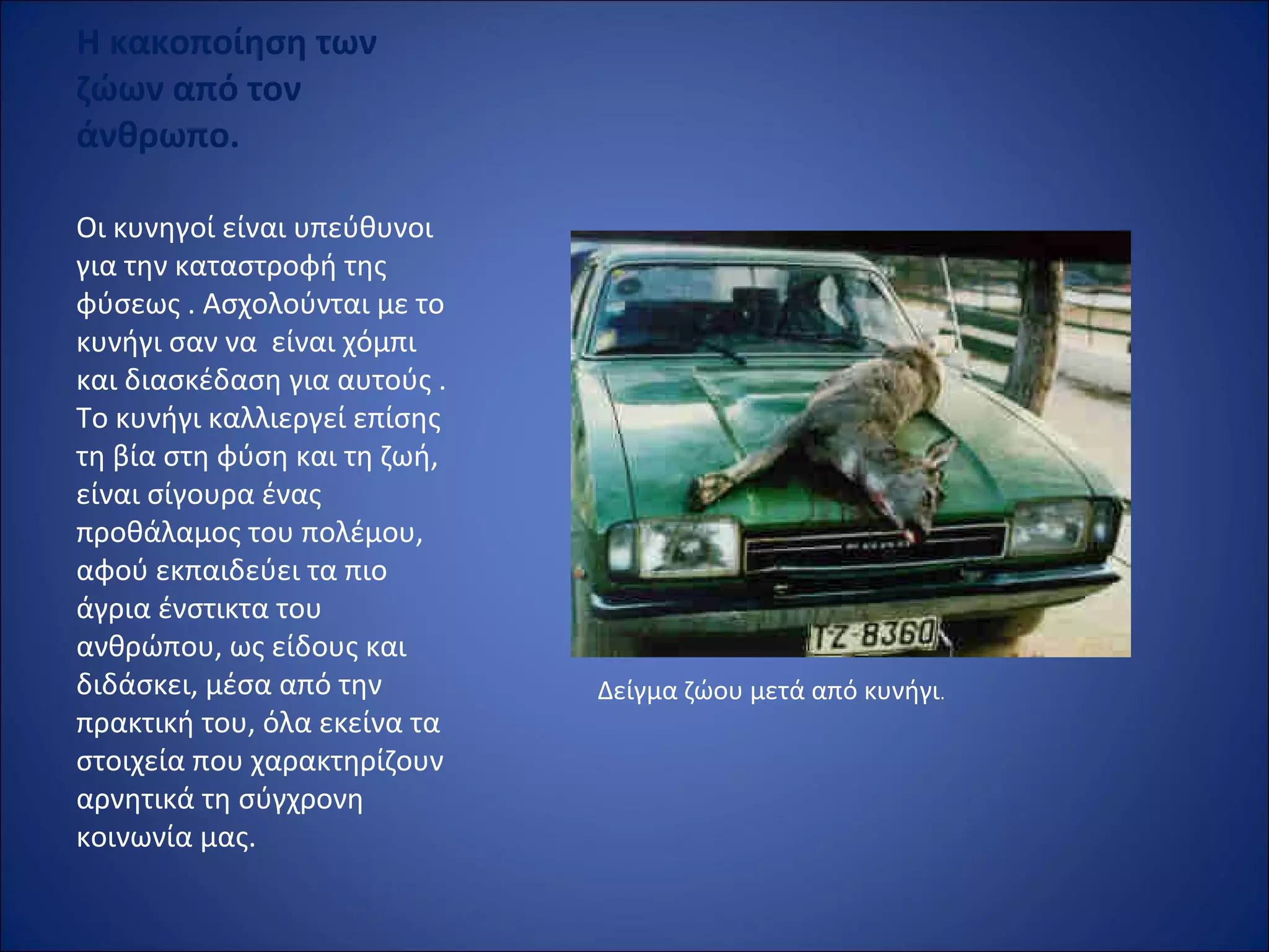 Η κακοποίηση των
ζώων από τον
άνθρωπο.
Οι κυνηγοί είναι υπεύθυνοι
για την καταστροφή της
φύσεως . Ασχολούνται με το
κυνήγι σαν να είναι χόμπι
και διασκέδαση για αυτούς .
Το κυνήγι καλλιεργεί επίσης
τη βία στη φύση και τη ζωή,
είναι σίγουρα ένας
προθάλαμος του πολέμου,
αφού εκπαιδεύει τα πιο
άγρια ένστικτα του
ανθρώπου, ως είδους και
διδάσκει, μέσα από την
πρακτική του, όλα εκείνα τα
στοιχεία που χαρακτηρίζουν
αρνητικά τη σύγχρονη
κοινωνία μας.
Δείγμα ζώου μετά από κυνήγι.
 