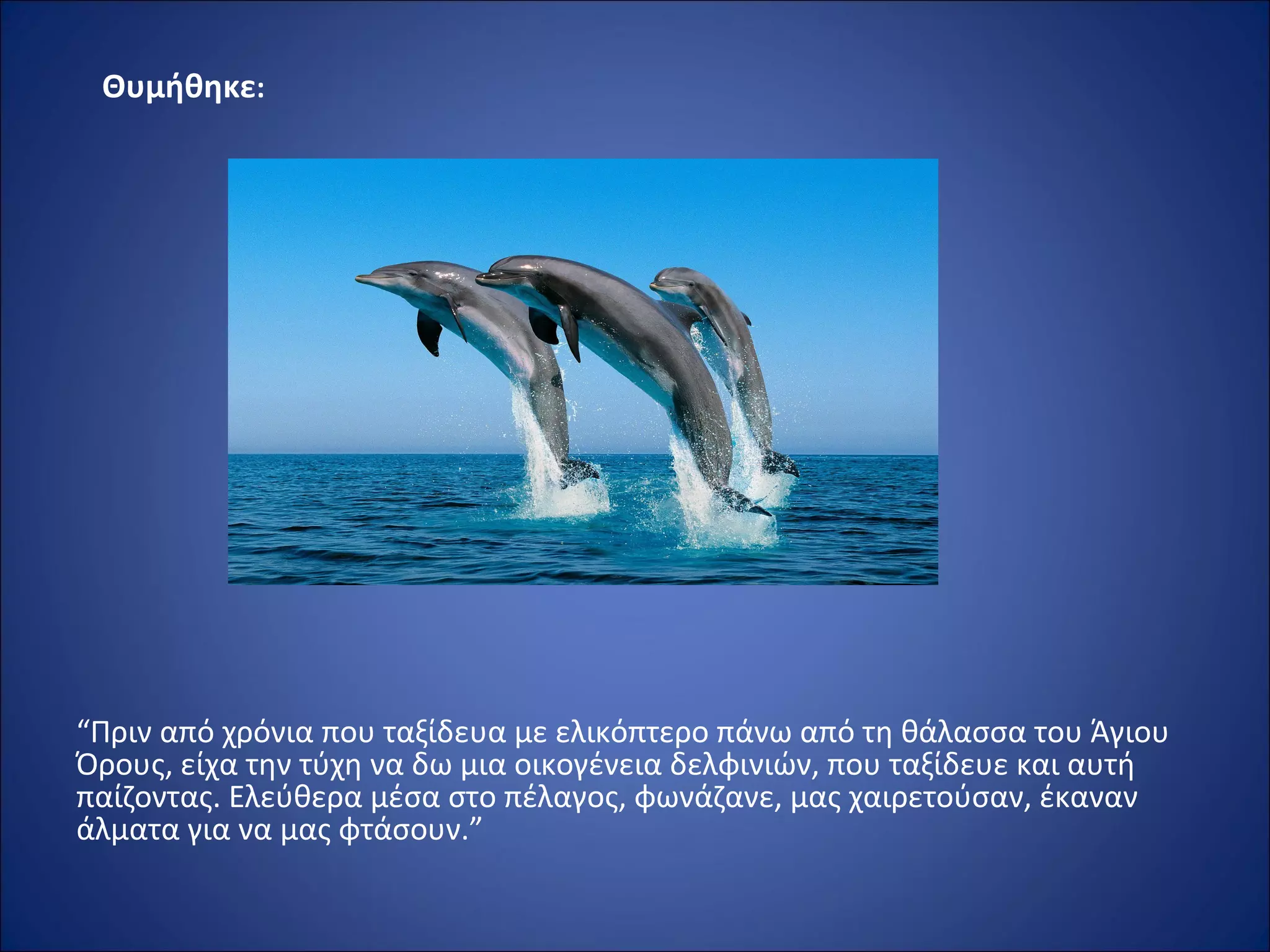 Θυμήθηκε:
“Πριν από χρόνια που ταξίδευα με ελικόπτερο πάνω από τη θάλασσα του Άγιου 
Όρους, είχα την τύχη να δω μια οικογένεια δελφινιών, που ταξίδευε και αυτή 
παίζοντας. Ελεύθερα μέσα στο πέλαγος, φωνάζανε, μας χαιρετούσαν, έκαναν 
άλματα για να μας φτάσουν.”
 