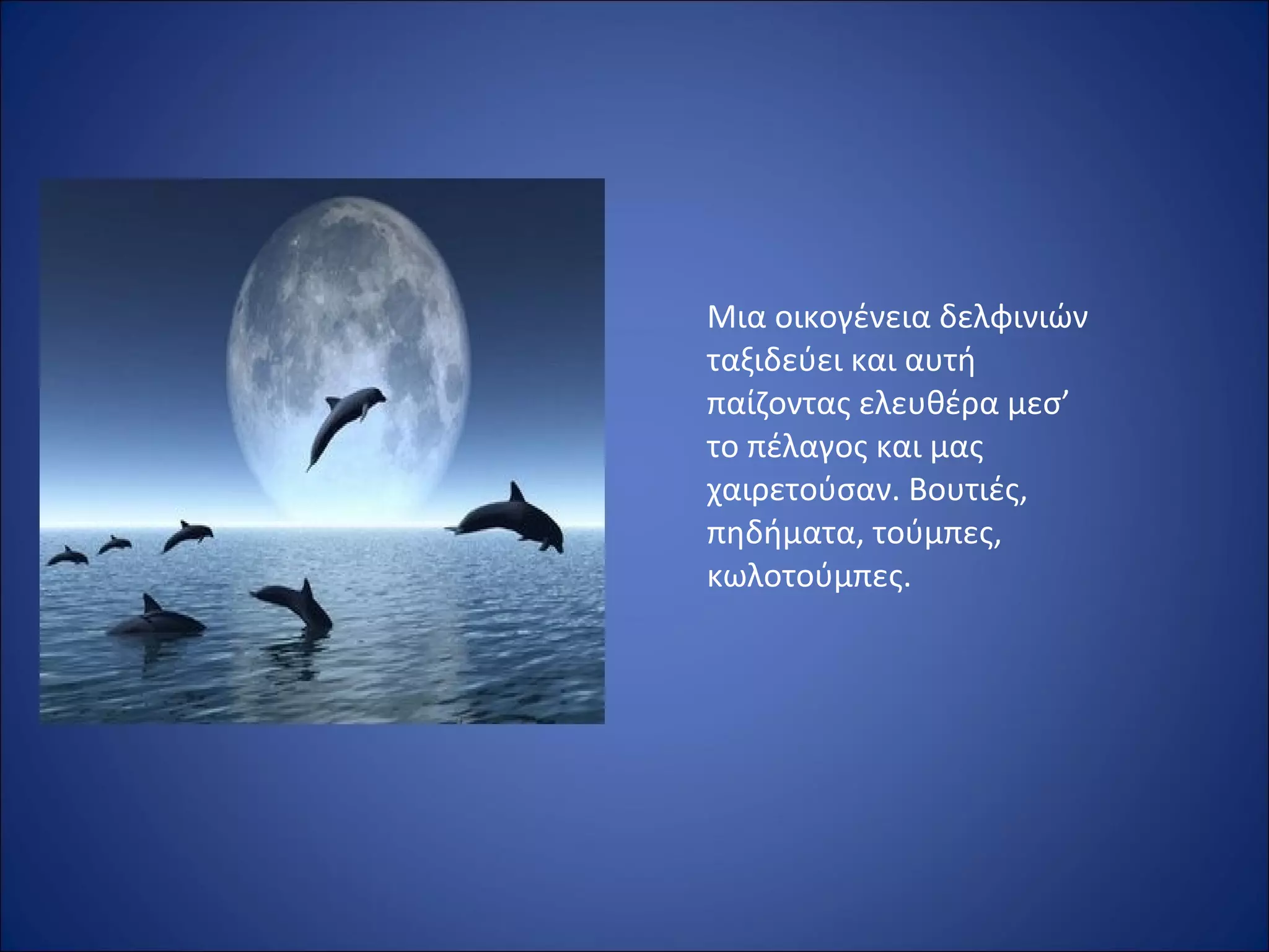 Μια οικογένεια δελφινιών 
ταξιδεύει και αυτή 
παίζοντας ελευθέρα μεσ’ 
το πέλαγος και μας 
χαιρετούσαν. Βουτιές, 
πηδήματα, τούμπες, 
κωλοτούμπες. 
 
 
 