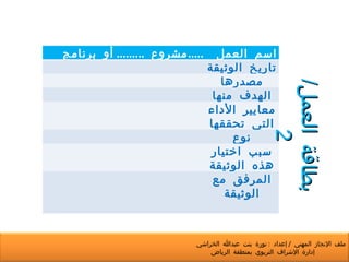 بطاقة العمل /2 اسم العمل مشروع  .........  أو برنامج  ..... تاريخ الوثيقة مصدرها الهدف منها معايير الأداء التي تحققها نوع المشاركة سبب اختيار هذه الوثيقة المرفق مع الوثيقة ملف الإنجاز المهني  /  إعداد  :  نورة بنت عبدالله الخراشي  إدارة الإشراف التربوي بمنطقة الرياض 