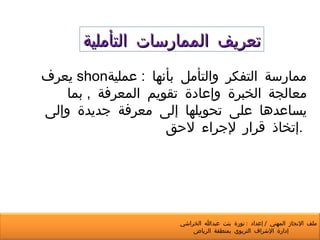 يعرف shon  ممارسة التفكر والتأمل بأنها  :  عملية معالجة الخبرة وإعادة تقويم المعرفة  ,  بما يساعدها على تحويلها إلى معرفة جديدة وإلى إتخاذ قرار لإجراء لاحق  .  المرجع  : المسؤوليات المهنية  /  الضحاوي -  الصغير تعريف الممارسات التأملية ملف الإنجاز المهني  /  إعداد  :  نورة بنت عبدالله الخراشي  إدارة الإشراف التربوي بمنطقة الرياض 