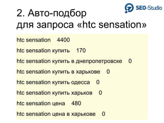2. Авто-подбор
для запроса «htc sensation»
htc sensation   4400
htc sensation купить    170
htc sensation купить в днепропетровске      0
htc sensation купить в харькове         0
htc sensation купить одесса     0
htc sensation купить харьков    0
htc sensation цена     480
htc sensation цена в харькове       0
 