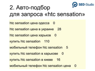 2. Авто-подбор
для запроса «htc sensation»
htc sensation цена одесса      0
htc sensation цена в украине       28
htc sensation цена харьков     0
купить htc sensation   110
мобильный телефон htc sensation             5
купить htc sensation в харькове         0
купить htc sensation в киеве       16
мобильный телефон htc sensation цена            0
 