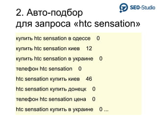 2. Авто-подбор
для запроса «htc sensation»
купить htc sensation в одессе        0
купить htc sensation киев   12
купить htc sensation в украине       0
телефон htc sensation   0
htc sensation купить киев   46
htc sensation купить донецк      0
телефон htc sensation цена       0
htc sensation купить в украине       0 ...
 