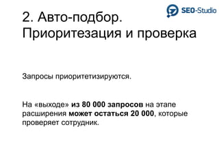 2. Авто-подбор.
Приоритезация и проверка

Запросы приоритетизируются.


На «выходе» из 80 000 запросов на этапе
расширения может остаться 20 000, которые
проверяет сотрудник.
 