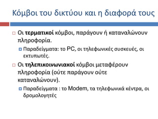 Κόμβοι του δικτφου και θ διαφορά τουσ

   Οι τερματικοί κόμβοι, παράγουν ι καταναλώνουν
    πλθροφορία.
     Παραδείγματα:   το PC, οι τθλεφωνικζσ ςυςκευζσ, οι
     εκτυπωτζσ.
   Οι τθλεπικοινωνιακοί κόμβοι μεταφζρουν
    πλθροφορία (οφτε παράγουν οφτε
    καταναλώνουν).
     Παραδείγματα   : το Modem, τα τθλεφωνικά κζντρα, οι
     δρομολογθτζσ
 