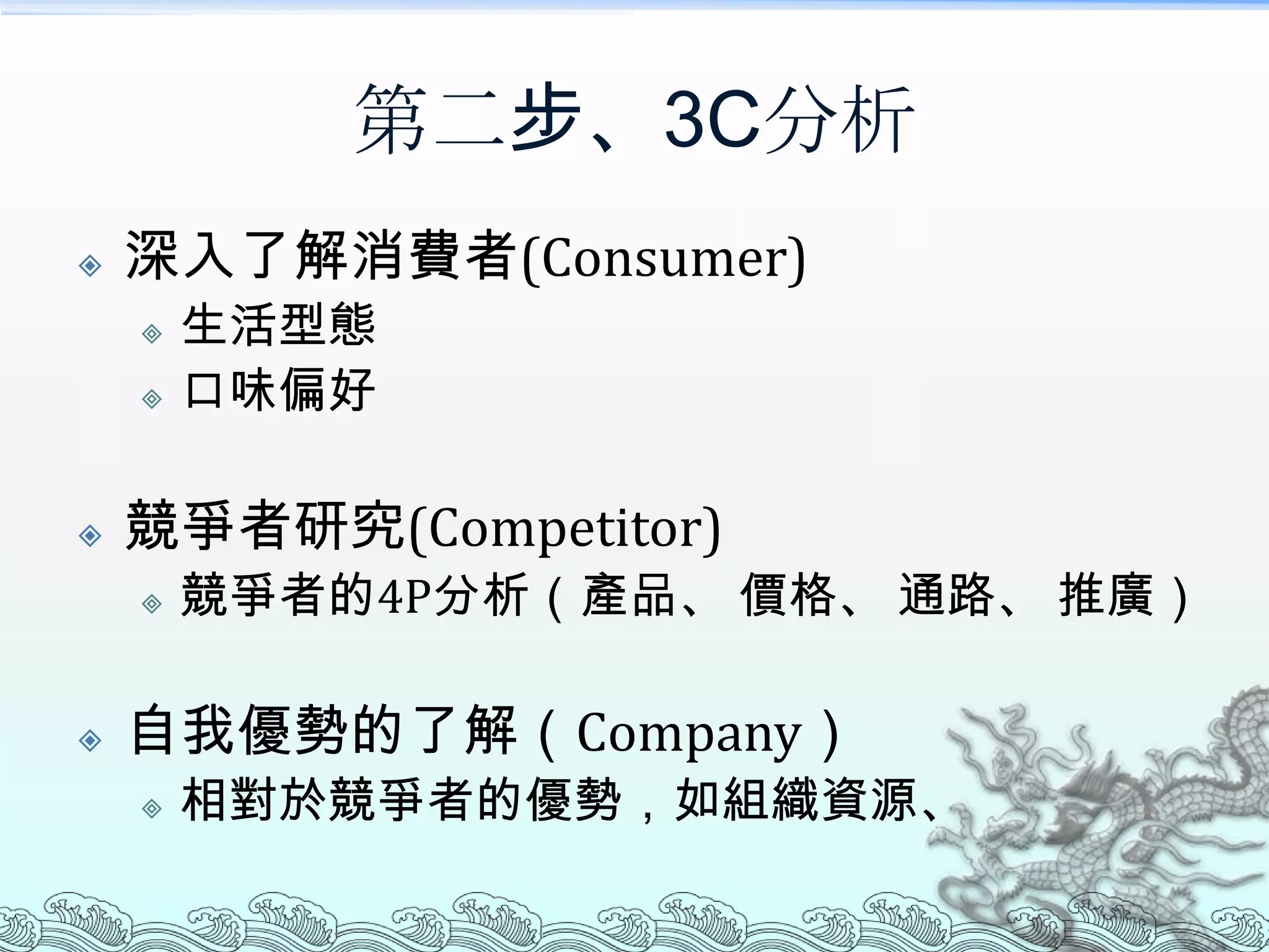 第二步、3C分析
   深入了解消費者(Consumer)
       生活型態
       口味偏好

   競爭者研究(Competitor)
       競爭者的4P分析（產品、 價格、 通路、 推廣）

   自我優勢的了解（Company）
       相對於競爭者的優勢，如組織資源、
 