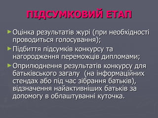 ПІДСУМКОВИЙ ЕТАП Оцінка результатів журі (при необхідності проводиться голосування); Підбиття підсумків конкурсу та нагородження переможців дипломами; Оприлюднення результатів конкурсу для батьківського загалу   (на інформаційних стендах або під час зібрання батьків), відзначення найактивніших батьків за допомогу в облаштуванні куточка.   
