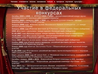 Участие в федеральных конкурсах Октябрь 2005 и 2006  гг.  «ЮНЕКО-2005 и 2006»  -  заочный всероссийский конкурс научно-исследовательских и творческих работ учащихся (лауреаты) Декабрь 2005 –   февраль 2006  и 2008  г.г.   «Спасём русское слово!» -  заочный всероссийский конкурс РОПРЯЛ (участие) Февраль 2006 года   «Юбилею музеев Московского Кремля посвящается …»  - конкурс детского рисунка (участие) Февраль 2006 года  «Римская фантазия Д.П.Панини»  -  конкурс журнала «Эскиз» (победители) 2006 «Мастерю с друзьями»  -  конкурс журнала «Коллекция идей» (победители) 01.03.2007 года «Заполни купон»  -  конкурс журнала «Пятнашки» (одна из победительниц) 15.03.2007 года «Моя малая Родина»  -  заочный всероссийский конкурс конкурс научно-исследрвательских и творческих работ учащихся (участие) Июнь 2007 «Мастер на все руки»  -  конкурс   журнала «Коллекция идей» (победители) Ноябрь 2009 года «Герой нашего времени»  - российский фестиваль детского творчества, посвящённый М.Ю.Лермонтову (участие) Январь 2009 года  «Святые Заступники Руси»  -  II  Всероссийский детский творческий конкурс  (участие) 01.02.2009 года  «Портфолио»  -  российский фестиваль научно-исследовательских и творческих работ учащихся (участие) Март - апрель 2009 года  «И грянул бой…»  -  Московская открытая викторина, посвящённой 300-летию Полтавской битвы (3 победителя, 3 участника) Октябрь - январь  2009 и 2010  -  Всероссийская Интернет-олимпиада по МХК  (призёры) Январь – март 2011 года  –  Всерросийская  дистанционная олимпиада «Арт-Олимп  -2011» (участие0 Март 2011 год  –  Дистанционная викторина «Великие  сооружения» (1 победитель, 8 участинков) Октябрь 2011 года  –  Дистанционная викторина «Поиграем в города» Человек  становится  вполне  человеком  только  в  процессе  изучения  культуры …  