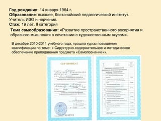 Год рождения : 14 января 1964 г. Образование : высшее, Костанайский педагогический институт.  Учитель ИЗО и черчения. Стаж:  19 лет. II категория Тема самообразования: « Развитие пространственного восприятия и образного мышления в сочетании с художественным вкусом». В декабре 2010-2011 учебного года, прошла курсы повышения квалификации по теме: « Сируктурно-содержательное и методическое обеспечение преподавания предмета «Самопознание»». 