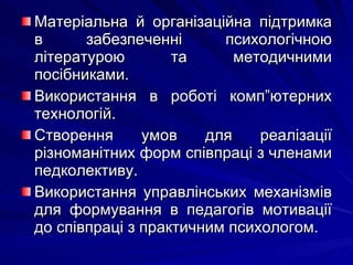 Матеріальна й організаційна підтримка в забезпеченні психологічною літературою та методичними посібниками. Використання в роботі комп”ютерних технологій. Створення умов для реалізації різноманітних форм співпраці з членами педколективу. Використання управлінських механізмів для формування в педагогів мотивації до співпраці з практичним психологом. 