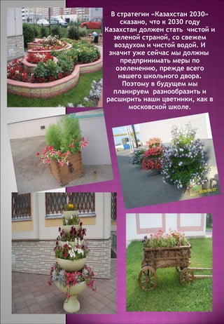 В стратегии «Казахстан 2030» сказано, что к 2030 году Казахстан должен стать  чистой и зеленой страной, со свежем воздухом и чистой водой. И значит уже сейчас мы должны  предпринимать меры по озеленению, прежде всего нашего школьного двора. Поэтому в будущем мы планируем  разнообразить и расширить наши цветники, как в московской школе. 