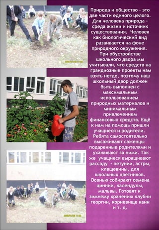 Природа и общество – это две части единого целого. Для человека природа – среда жизни и источник существования.  Человек как биологический вид развивается на фоне природного окружения.  При обустройстве школьного двора мы учитывали, что средств на  грандиозные проекты нам взять негде, поэтому наш школьный двор должен быть выполнен с максимальным использованием  природных материалов и минимальным привлечением финансовых средств. Ещё к нам на помощь пришли учащиеся и родители.  Ребята самостоятельно высаживают саженцы  подаренные родителями и  ухаживают за ними. Так же  учащиеся выращивают рассаду  - петунии, астры, клещевины, для школьных цветников. Осенью собирают семена циннии, календулы, мальвы. Готовят к  зимнему хранению клубни георгин, корневище канн и т. д. 
