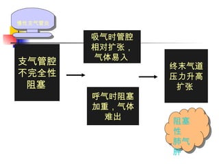 支气管腔 不完全性 阻塞   吸气时管腔 相对扩张， 气体易入   呼气时阻塞 加重，气体 难出 终末气道 压力升高 扩张  慢性支气管炎 阻塞性 肺气肿 