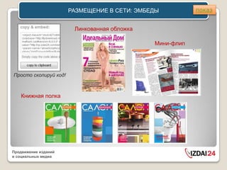 РАЗМЕЩЕНИЕ В СЕТИ: ЭМБЕДЫ          показ


                        Линкованная обложка

                                              Мини-флип




Просто скопируй код!



    Книжная полка




Продвижение изданий
в социальных медиа
 