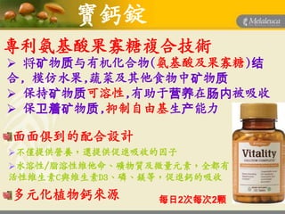 寶鈣錠
專利氨基酸果寡糖複合技術
 将矿物质与有机化合物(氨基酸及果寡糖)结
合, 模仿水果,蔬菜及其他食物中矿物质
 保持矿物质可溶性,有助于营养在肠内被吸收
 保卫着矿物质,抑制自由基生产能力

面面俱到的配合設計
不僅提供營養，還提供促進吸收的因子
水溶性/脂溶性維他命、礦物質及微量元素，全都有
活性維生素C與維生素D3、磷、鎂等，促進鈣的吸收
多元化植物鈣來源        每日2次每次2颗
 