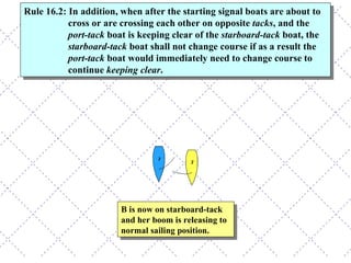 B is now on starboard-tack and her boom is releasing to normal sailing position. Rule 16.2: In addition, when after the starting signal boats are about to cross or are crossing each other on opposite  tacks , and the  port-tack  boat is keeping clear of the  starboard-tack  boat, the  starboard-tack  boat shall not change course if as a result the  port-tack  boat would immediately need to change course to continue  keeping clear .  