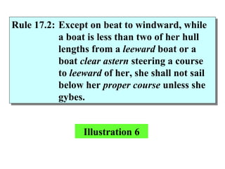 Illustration 6 Rule 17.2: Except on beat to windward, while a boat is less than two of her hull lengths from a  leeward  boat or a boat  clear astern  steering a course to  leeward  of her, she shall not sail below her  proper course  unless she gybes. 