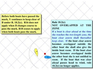 Before both boats have passed the mark, Y continues to keep clear of B under R. 18.2(c).  R16 does not apply when B changes course to pass the mark. R18 ceases to apply when both boats pass the mark. Rule 18.2(c) NOT OVERLAPPED AT THE ZONE If a boat is  clear ahead  at the time she reaches the  two-length zone , the boat  clear astern  shall thereafter  keep clear .  If  the boat  clear astern  becomes  overlapped  outside the other boat she shall also give the inside boat  room .  If the boat  clear astern  becomes  overlapped  inside the other boat she is not entitled to  room .  If the boat that was  clear ahead  passes head to wind, rule 18.2(c) no longer applies.  