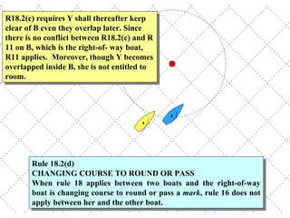 Rule 18.2(d) CHANGING COURSE TO ROUND OR PASS When rule 18 applies between two boats and the right-of-way boat is changing course to round or pass a  mark , rule 16 does not apply between her and the other boat. R18.2(c) requires Y shall thereafter keep clear of B even they overlap later. Since there is no conflict between R18.2(c) and R 11 on B, which is the right-of- way boat, R11 applies.  Moreover, though Y becomes overlapped inside B, she is not entitled to room. 