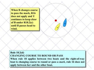 Rule 18.2(d) CHANGING COURSE TO ROUND OR PASS When rule 18 applies between two boats and the right-of-way boat is changing course to round or pass a  mark , rule 16 does not apply between her and the other boat. When B changes course to pass the mark, R16 does not apply and Y continues to keep clear of B under R18.2(c) until B passes head to wind. 