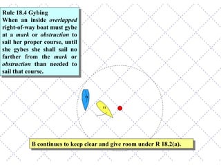 Rule 18.4 Gybing  When an inside  overlapped  right-of-way boat must gybe at a  mark  or  obstruction  to sail her proper course, until she gybes she shall sail no farther from the  mark  or  obstruction  than needed to sail that course. B continues to keep clear and give room under R 18.2(a).  
