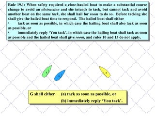 G shall either  (a) tack as soon as possible, or (b) immediately reply ‘You tack’.  Rule 19.1: When safety required a close-hauled boat to make a substantial course change to avoid an  obstruction  and she intends to tack, but cannot tack and avoid another boat on the same  tack , she shall hail for  room  to do so.  Before tacking she shall give the hailed boat time to respond.  The hailed boat shall either  tack as soon as possible, in which case the hailing boat shall also tack as soon as possible, or immediately reply ‘You tack’, in which case the hailing boat shall tack as soon as possible and the hailed boat shall give  room , and rules 10 and 13 do not apply. 