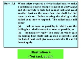 Illustration 4 (Not tack at all) Rule 19.1 When safety required a close-hauled boat to make a substantial course change to avoid an  obstruction  and she intends to tack, but cannot tack and avoid another boat on the same  tack , she shall hail for  room  to do so.  Before tacking she shall give the hailed boat time to respond.  The hailed boat shall either  (a)  tack as soon as possible, in which case the hailing boat shall also tack as soon as possible, or (b)  immediately reply ‘You tack’, in which case the hailing boat shall tack as soon as possible and the hailed boat shall give  room , and rules 10 and 13 do not apply. 
