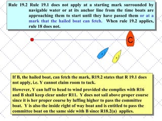 If B, the hailed boat, can fetch the mark, R19.2 states that R 19.1 does not apply, i.e. Y cannot claim room to tack.  However, Y can luff to head to wind provided she complies with R16 and B shall keep clear under R11.  Y does not sail above proper course since it is her proper course by luffing higher to pass the committee boat.  Y is also the inside right of way boat and is entitled to pass the committee boat on the same side with B since R18.2(a)  applies.  Rule 19.2 Rule 19.1 does not apply at a starting mark surrounded by navigable water or at its anchor line from the time boats are approaching them to start until they have passed them  or at a mark that the hailed boat can fetch.   When rule 19.2 applies, rule 18 does not. 